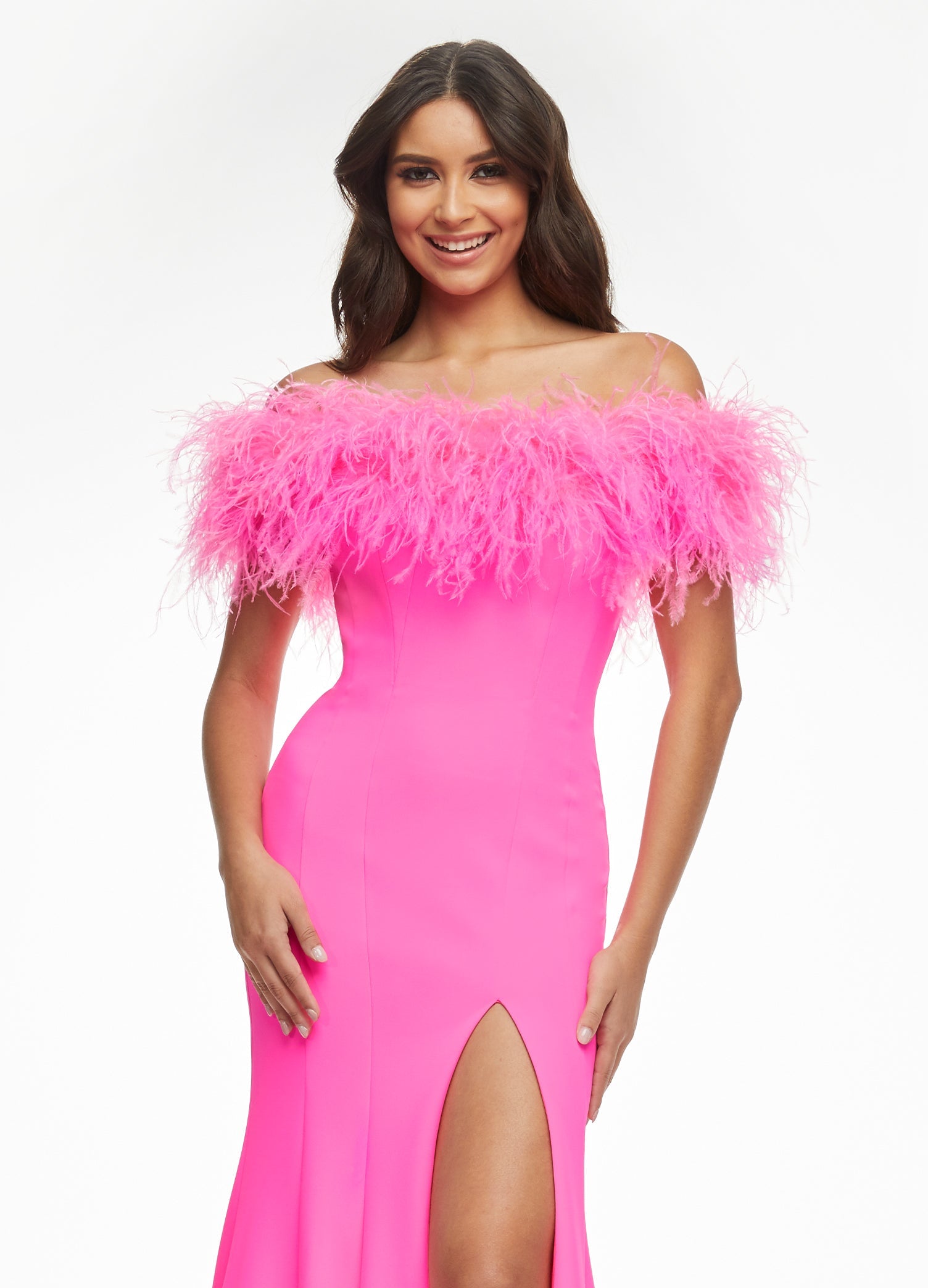 pink dress with feathers